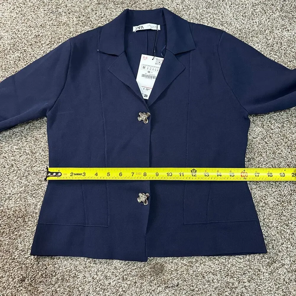 ZARA Women's Flower Button Knit Cardigan Blazer Size M In Navy - Picture 6 of 10